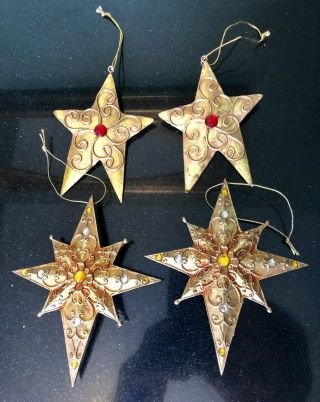 4 Vintage Christmas Ornaments Gold Metal Stars With Jewels