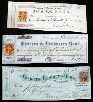 3 1870s,  Grocers & Producers Bank Checks,  Providence Ri,  Revenue Stamps Canceled