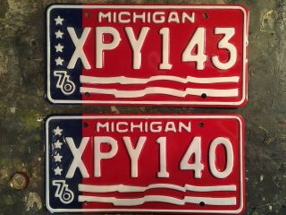 Rare Vintage Spirit Of 76 Michigan License Plate Auto Tag Red White Blue Flag Nr