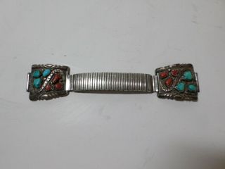 Navajo Sterling Watch Band W/ Turquoise & Red Coral,  Snake Its Signed Wayne.  C