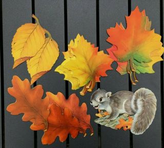 Vintage Dennison Die Cut Diecut Cardboard Decorations Autumn Leaves Squirrel