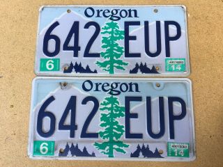 Oregon License Plate Pair - 642 Eup - 1990 Tree Base - June 2014 Tags