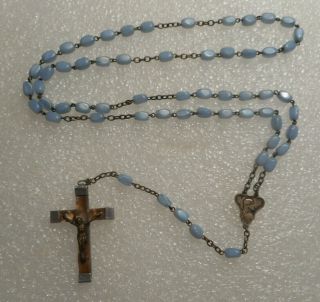 Vintage Antique Powder Blue Glass Bead Rosary With Case Made In France
