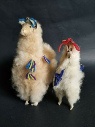 Vintage Alpaca Wool Doll Figures,  Llama Peruvian Souvenir Folk Art Toy 8.  5 " 6.  5 "