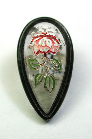 Vintage Glass Button Crystal Tear Drop Rose W/ Painted Accents - 11/16