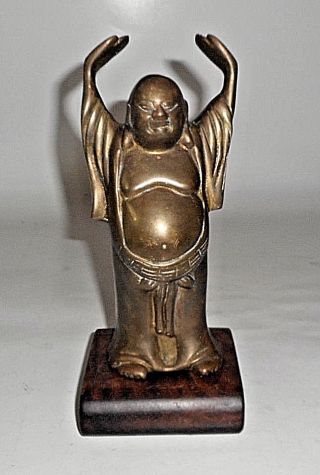 Vintage Brass Buddha Standing Statue With Arms Raised Scroll Wood Pedestal