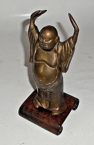 VINTAGE BRASS Buddha Standing Statue With Arms Raised SCROLL WOOD PEDESTAL 2