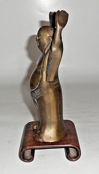 VINTAGE BRASS Buddha Standing Statue With Arms Raised SCROLL WOOD PEDESTAL 3