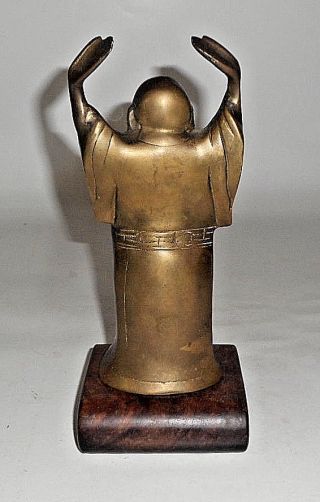 VINTAGE BRASS Buddha Standing Statue With Arms Raised SCROLL WOOD PEDESTAL 4