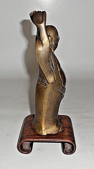 VINTAGE BRASS Buddha Standing Statue With Arms Raised SCROLL WOOD PEDESTAL 5
