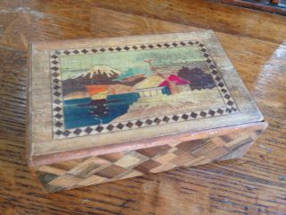 4 Step Vintage Japanese Marquetry Puzzle Box W/ Mt Fuji Pastoral Scene