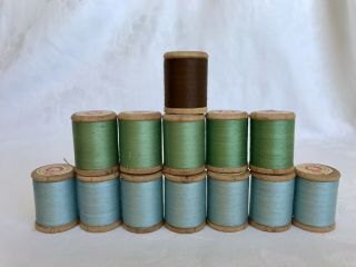 13 Vintage Cotton Thread Wood Spools Sewing Quilting Castoldi Italy Blue Green B