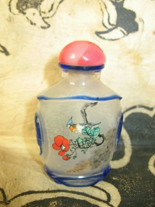 Vintage Chinese Reverse Painted Glass Snuff Bottle With Cobalt Details