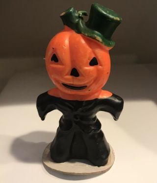 Vintage Gurley Halloween Jack - O - Lantern Candle With Green Top Hat.  5”