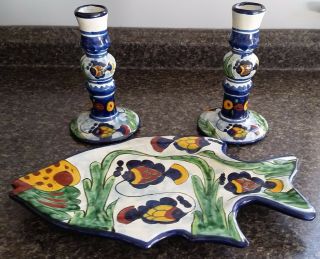 Vintage Rea Mexico Talavera Pottery Matching Fish Platter & Candle Holders
