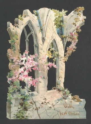 X21 - Flowers On Church Ruin - Diecut And Shaped - Vintage Greeting Card