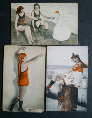 Mack Sennett Girls " Bathing Beautys " Colorized1920s Exhibit Rare 3card Lot2