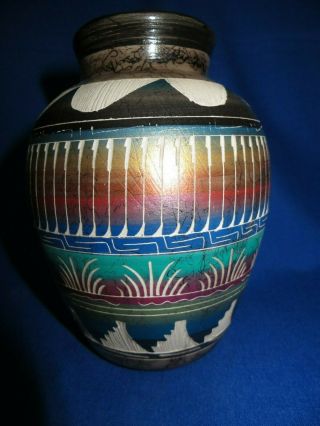 Navajo Horse Hair Fired Hand Etched Pottery Bowl Vase 