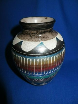 Navajo Horse Hair Fired Hand Etched Pottery Bowl Vase ' Spring Sunrise ' 2