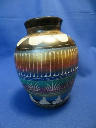 Navajo Horse Hair Fired Hand Etched Pottery Bowl Vase ' Spring Sunrise ' 3