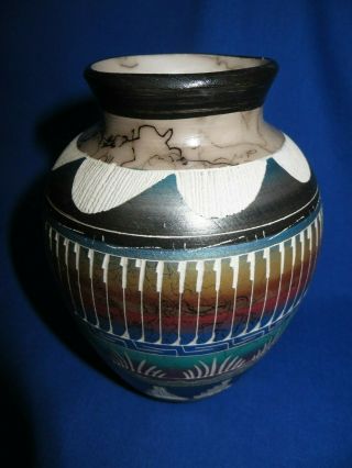 Navajo Horse Hair Fired Hand Etched Pottery Bowl Vase ' Spring Sunrise ' 4