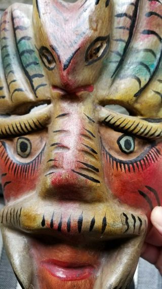Vintage Mexican Folk Art Hand Carved Painted Wood Mask Collectible Bat