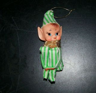 Rare Vintage Knee Hugging Elf Ornament Christmas W/ Green Striped Hat Japan