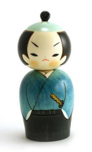 Japanese 5.  25 " H Creative Blue Waka Samurai Boy Wooden Kokeshi Doll Made In Japan