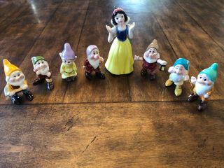 Vintage Disney Set Of 8 Snow White & 7 Dwarfs Ceramic Figures Figurines Japan