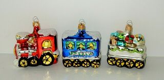Vintage Glass TRAIN Car Ornaments Bradford Christmas Trimmeries w/box 4