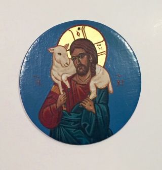 Hand Painted Icon On Wood Jesus Christ With Lamb 3 " Circle By Jody Cole
