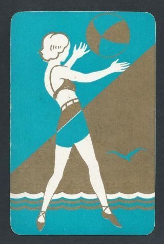 150.  462 Vintage Swap Card - Fair - Art Deco Lady With Beach Ball,  Blue & Gold