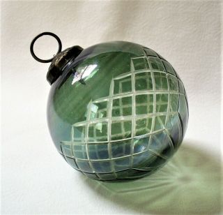 Vint Green Cut Glass Kugel Style Etched Ball Ornament Christmas Tree Holiday 4 "