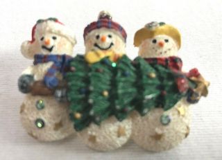 Vintage Three Snowmen Carry Christmas Tree Brooch Pin