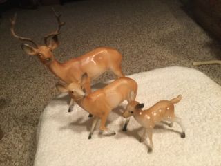 3 Vintage Hard Plastic Deer (buck,  Doe,  Baby).  Made In Hong Kong