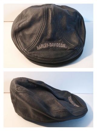 Harley Davidson Newsboy Paperboy Vintage Style Cap Hat Black Leather Mens Size L