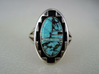 Vintage Teme Navajo Hand Made Sterling Silver & Turquoise Inlay Ring Sz 6