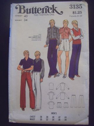1970s Butterick Pattern 3135 Mens Shirt Pants Vest Shorts Chest: 40 " Waist: 34 "