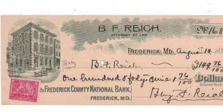 Frederick County National Bank Check 1899 With A 2 Cent Documentary Stamp On It.