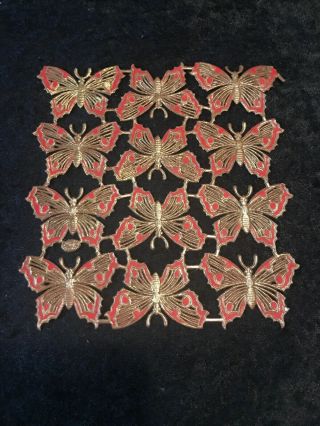 Antique Victorian Die - Cut Paper Scrap Sheet Red And Gold Butterflies