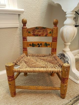 Vintage Hand Painted Mexican Folk Art Wooden Childs Rush Chair