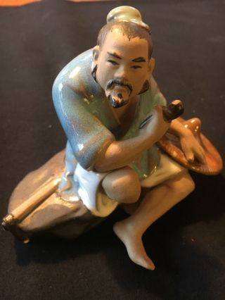 Vintage Shiwan Mudman China Figurine Sitting Man With Axe And Hat
