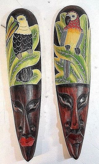 Wall Hanging Carved Wood Exotic Bird Theme Masks From Africa 18 " Tall