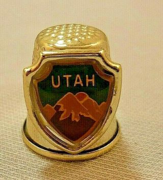 Utah State Thimble - Silver Tone Metal With Shield - About 3/4 X 3/4 "