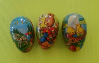 Three Vintage Paper Mache Easter Egg Candy Containers.  Made In Western Germany.