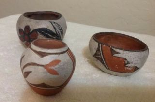 3 Vintage Antique Acoma? Hopi? Pueblo Indian Pottery Native American Olla Bowls 5
