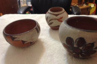 3 Vintage Antique Acoma? Hopi? Pueblo Indian Pottery Native American Olla Bowls 8