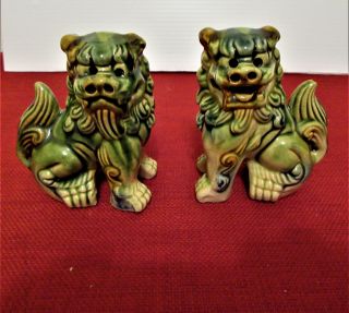 Chinese Foo Dogs Figurines Set 2 Ceramic Shaded Green/earthtone Euc