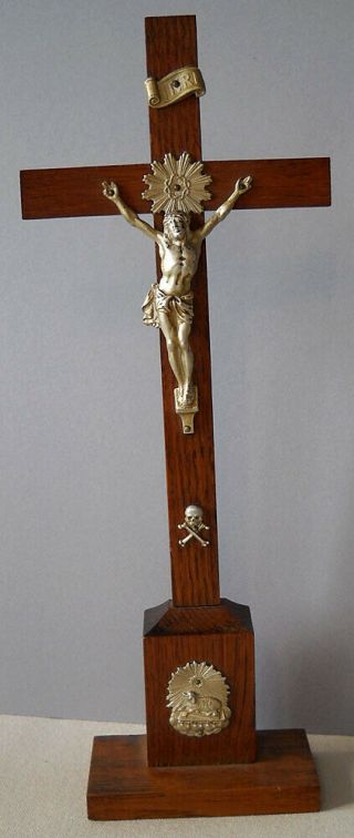 Oak & Silver Metal Altar Crucifix Catholic Christian Cross Jesus Skull Germany