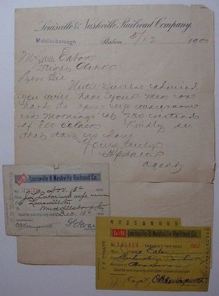 Louisville & Nashville Railroad - 1900 Letter,  Two Trip Passes -